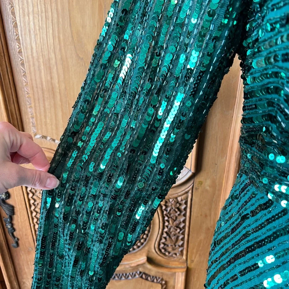 NWT Mac Duggal 5379 [14] Emerald Green Sequined Wrap Maxi Evening Gown Wicked - Picture 6 of 11